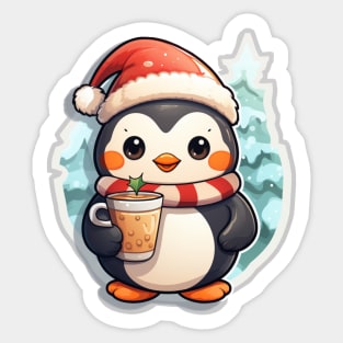 kawaii Penguin Christmas holds a drink in his hand Sticker